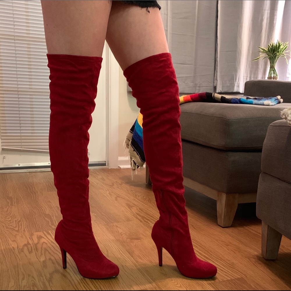 Red suede thigh high boots